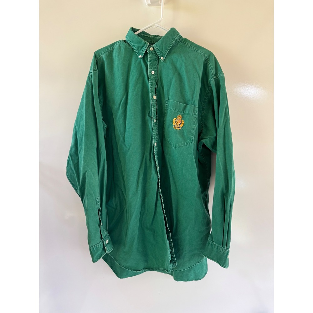 Vintage Ralph Lauren Crest Logo Button Down Shirt Green Cotton Twill Mens XL